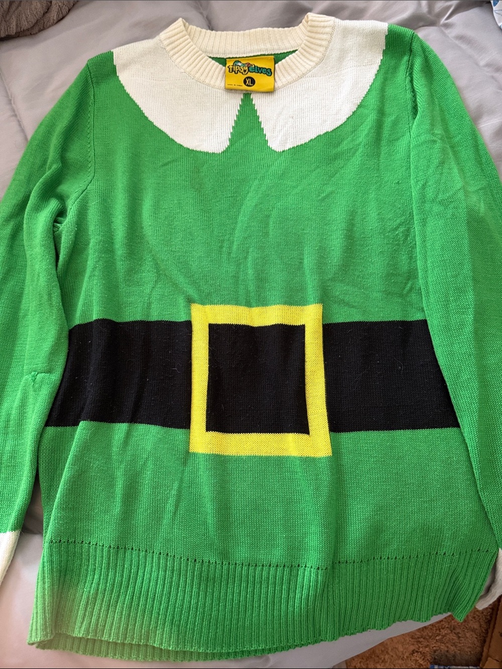 Tipsy Elves Green Elf-Inspired Crewneck Sweater with Belt Motif